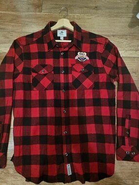 Roots 73 Buffalo Plaid Flannel Shirt XL RCMP 150th Anniversary Crest Red Black